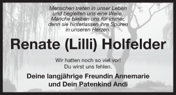 Traueranzeige von Renate Holfelder von Pegnitz-Zeitung